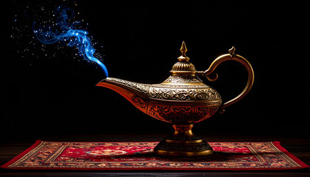 Magic Aladdin magic lamp with fire on dark background. Lamp of wishesの素材