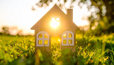 Wooden house model on green grass at sunset. Real estate concept.の素材