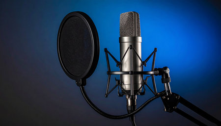 Audio recording studio microphone and speaker on blue background. 3d illustrationの素材
