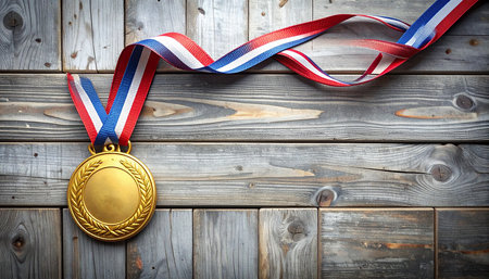 Gold medal with red, white and blue ribbons on wooden backgroundの素材