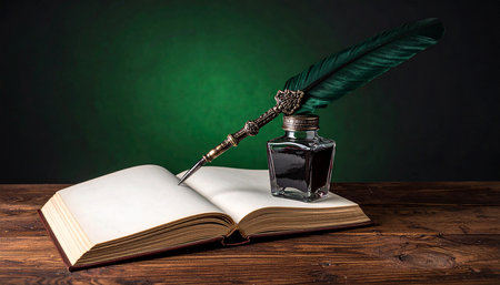 Old quill pen and inkwell on old book on wooden tableの素材