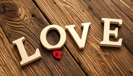 Wooden word love with red heart on rustic wooden background.の素材