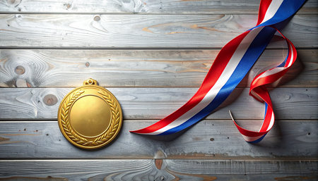 gold medal with ribbon on wooden background, 3d render and illustrationの素材