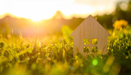 Wooden house model on green grass at sunset. Real estate conceptの素材