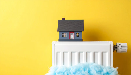 Heating radiator and model of house on yellow background, closeupの素材