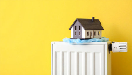 Heating radiator and house model on yellow background with copy space.の素材