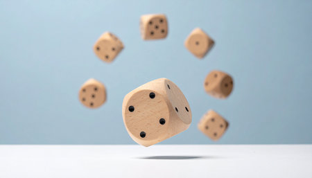 Dice falling in the air on white table and blue background.の素材