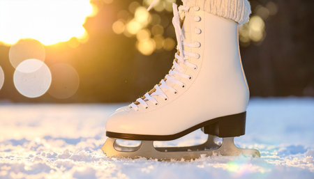 Figure skates on the ice in the snow. Winter sports.の素材