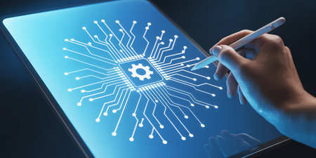 Hand holding stylus interacting with a digital circuit board graphic on a tablet screen.の素材