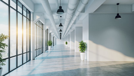 A long, empty office corridor with large windows, industrial pipes, and potted plants.の素材