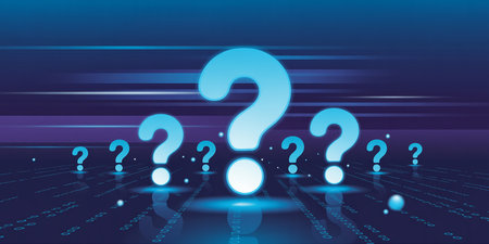 Multiple glowing blue question marks arranged on a dark background with digital binary code.の素材