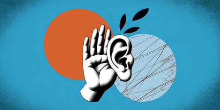 Stylized illustration of a hand cupping an ear with abstract shapes and textures.の素材