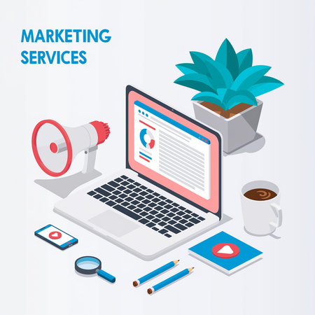 Isometric illustration of marketing services with a laptop, megaphone, phone, and coffee.の素材