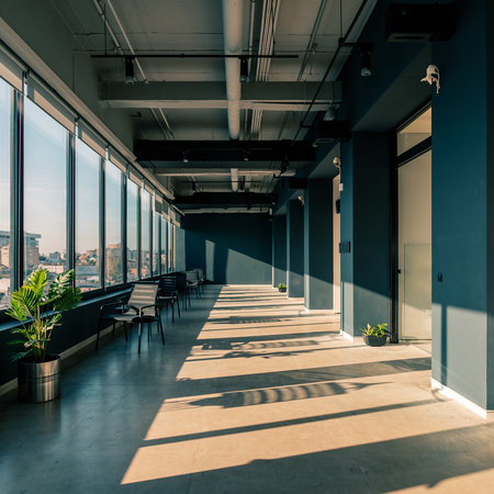 Sunlight streams into a modern office hallway, creating long shadows across the floor.の素材