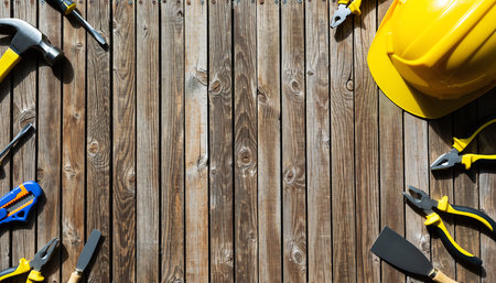 Assortment of construction tools arranged around a wooden plank background with copy spaceの素材