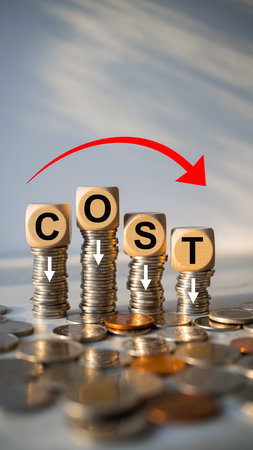 Vertical view of wooden blocks spelling COST on coin stacks with a red arrow indicating a decrease.の素材
