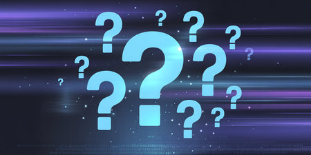 A collection of bright blue question marks scattered against a dark background with light streaks.の素材