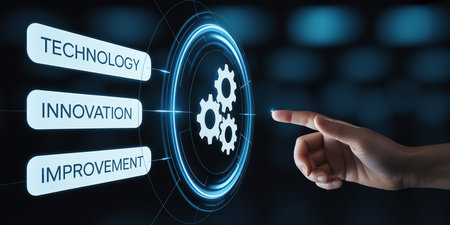 Finger pointing at a glowing circular interface with gears and text labels Technology Innovation Improvement.の素材