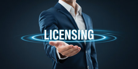 A man in a suit holds the word LICENSING with glowing blue rings around it. Clear details and vibrant colors ...の素材