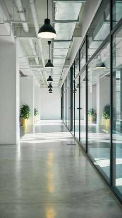 A bright office hallway with glass walls, pendant lights, and sunlight casting shadows.の素材