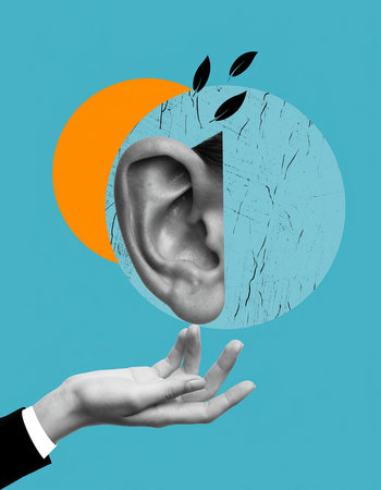 Surreal collage with human ear held by hand against abstract orange and blue shapesの素材