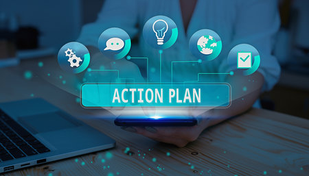 Smartphone displays ACTION PLAN with icons, laptop on wooden desk background Clear details and vibrant colors...の素材