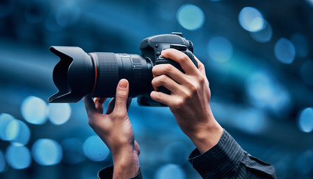 Person holding a DSLR camera with lens and hood up, blue bokeh background Clear details and vibrant colors en...の素材
