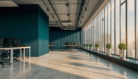 A modern office interior with large windows, concrete floor, and sunlight creating shadows.の素材
