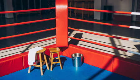 A boxing ring corner with red ropes, blue mat, wooden stools, and a metal bucket.の素材