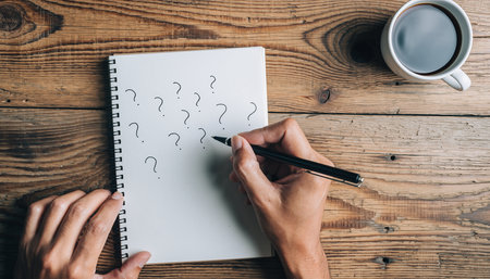 Hands writing question marks in a notebook with coffee on a wooden table Clear details and vibrant colors enh...の素材