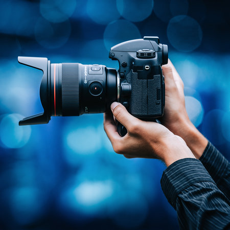 Hands holding a DSLR camera with a lens and hood, blue bokeh background Clear details and vibrant colors enha...の素材