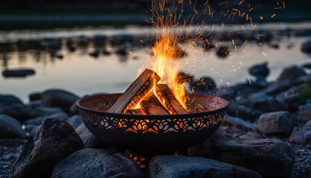 A decorative campfire burns in a metal bowl on a rocky shore by a lake at dusk. Clear details and vibrant col...の素材
