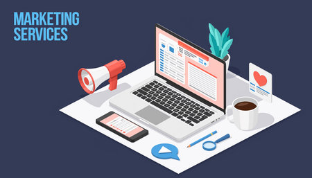 Isometric illustration of marketing services with a laptop, megaphone, phone, and heart icon.の素材