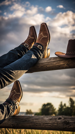 Cowboy boots and hat on a wooden fence against a cloudy sky at sunset. Clear details and vibrant colors enhan...の素材