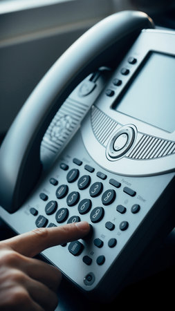 A finger presses a button on a grey office desk phone with a digital display. Clear details and vibrant color...の素材