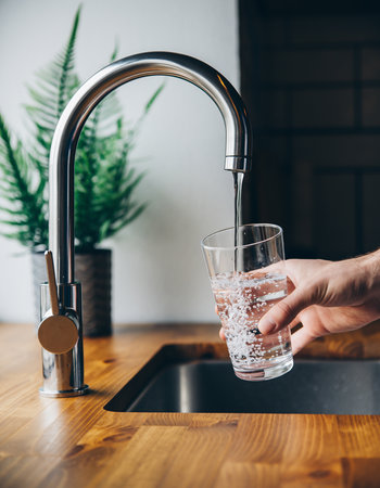 A hand holds a glass under a modern chrome faucet as water flows into it. Clear details and vibrant colors en...の素材