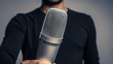 A man in a dark shirt holds a silver condenser microphone with a mesh grille. Clear details and vibrant color...の素材