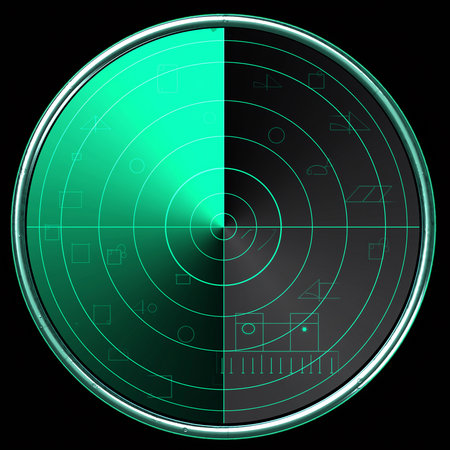A circular radar screen with green glowing grid lines and various target shapes Clear details and vibrant col...の素材