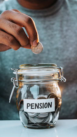 A hand places a coin into a glass jar labeled PENSION filled with coins. Clear details and vibrant colors enh...の素材