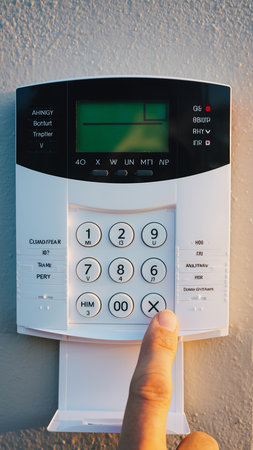 A finger presses the 'X' button on a white security alarm keypad with a digital display.の素材