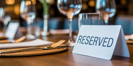 A restaurant table is set with cutlery, a napkin, and wine glasses with a reserved sign.の素材