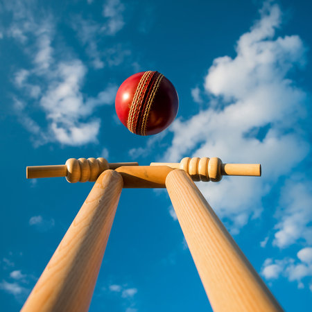 A red cricket ball is suspended in the air above wooden cricket stumps. Clear details and vibrant colors enha...の素材