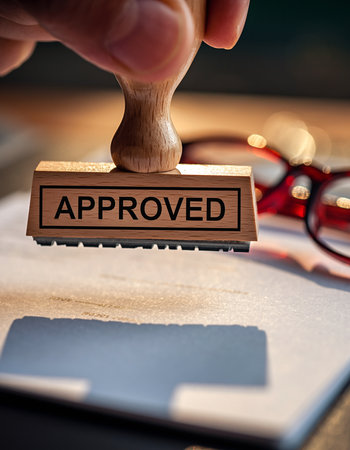 Hand holding a wooden stamp with the word APPROVED over a document Clear details and vibrant colors enhance v...の素材