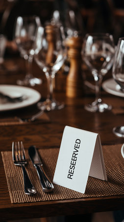 A reserved sign sits on a table set with wine glasses and cutlery in a restaurant.の素材