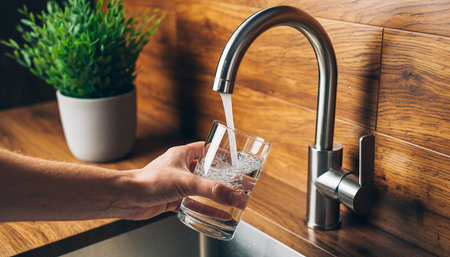 A hand holds a glass under a kitchen faucet as water fills it near a plant. Clear details and vibrant colors ...の素材