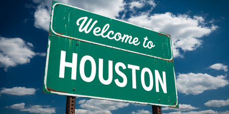 A green road sign with white text welcomes visitors to Houston under a blue sky. Clear details and vibrant co...の素材