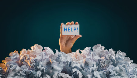 A hand holding a HELP sign emerges from a mound of crumpled white paper. Clear details and vibrant colors enh...の素材
