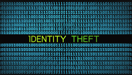 A 3D pattern of binary code surrounds the words "IDENTITY THEFT" in green Clear details and vibrant colors en...の素材