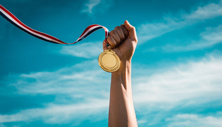 A fist is raised holding a gold medal with a red white and blue ribbon against the sky.の素材