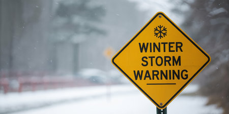 A yellow diamond-shaped sign warns of a winter storm with a snowflake icon. Clear details and vibrant colors ...の素材